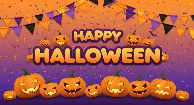 Happy halloween festive background with cute carved pumpkins and colorful bunting flags