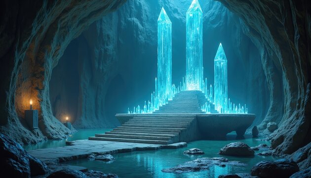 glowing blue crystal pillars in underground cavern temple with water and stone staircase, fantasy mystical atmosphere