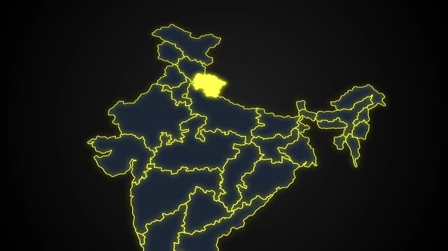 Animated glowing map of Uttarakhand, India, with a highlighted outline on a dark background, ideal for geography, travel, news, and infographic projects.