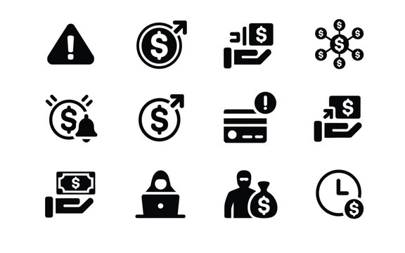 Financial crime and fraud icon set featuring hacker thief warning sign credit card alert money laundering transaction and time vector symbols