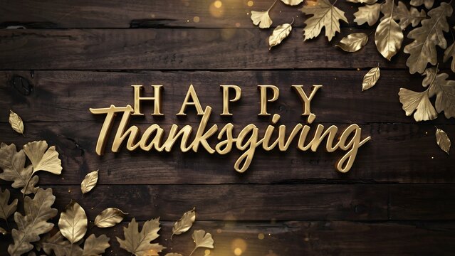 Happy thanksgiving greeting card with 3d gold text on a rustic dark wooden background decorated with golden autumn leaves and bokeh lights