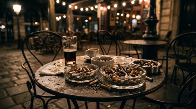 Outdoor cafe table at night with ashtrays and drink.