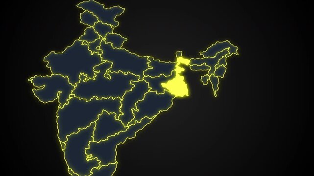 Animated glowing map of West Bengal, India, with a highlighted outline on a dark background, ideal for geography, travel, news, and infographic projects.