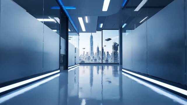 Futuristic office corridor with neon lighting leading to a glass window overlooking a sci-fi city with flying vehicles. Modern corporate interior design view.
