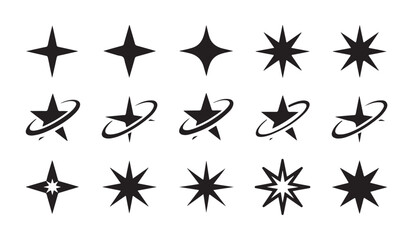Set of star icons featuring orbit and sparkle elements flat black shapes for web and print design projects. © MD.RAHIM