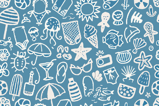 beach day doodle pattern on blue background umbrella flip flops starfish jellyfish fish shell