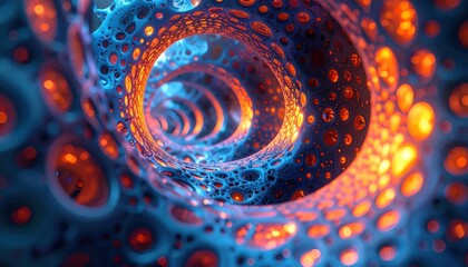 Fototapeta premium Abstract blue organic tunnel with glowing orange interior.