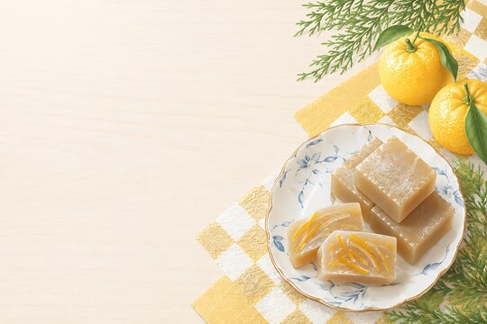 柚餅子と柚子の実の冬和菓子背景素材｜Traditional Japanese Yubeshi with Fresh Yuzu Fruits Winter Background Vector Illustration