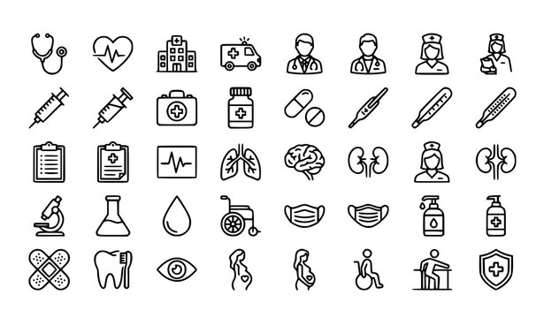 Set of hand drawn medical and healthcare icons featuring doctors nurses equipment and various human body organs