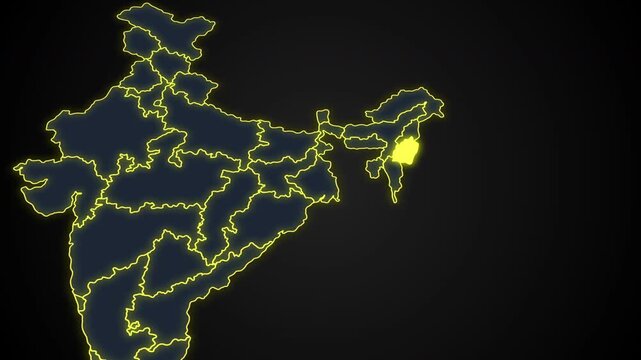 Animated glowing map of Manipur, India, with a highlighted outline on a dark background, ideal for geography, travel, news, and infographic projects.