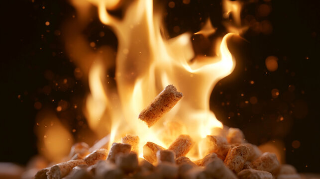 Combustion Flames Burning Wood Pellets For Heating System Energy Source Concept


