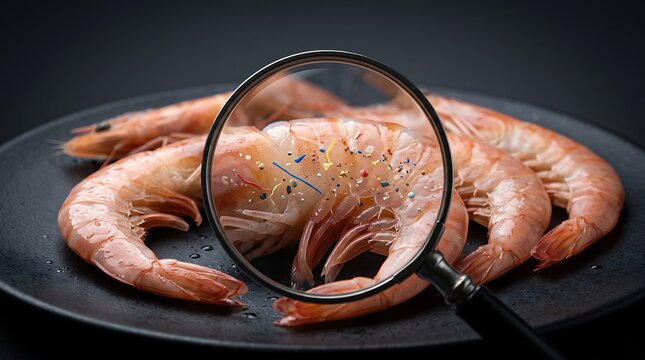 Fresh raw shrimp on black plate viewed through magnifying glass showing dangerous microplastic contamination and synthetic debris particles