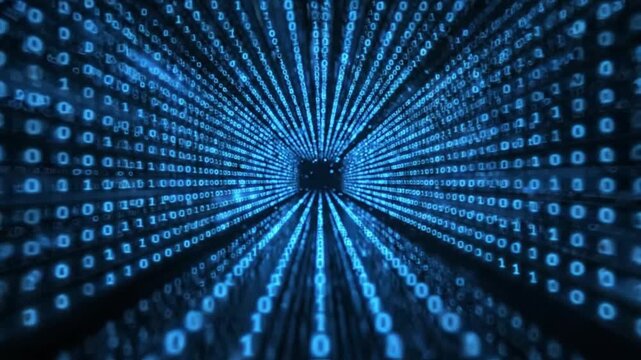 Abstract digital data stream tunnel flowing through infinite blue code background