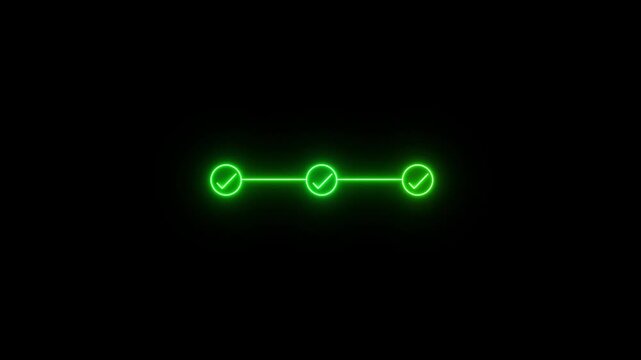 Neon 3 step process with check mark icon. infographic step by step process icon animation on black background, step process success with check marks.