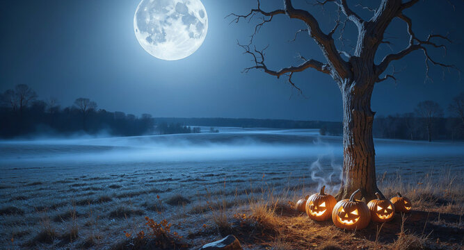 Halloween pumpkins under a spooky tree at full moon