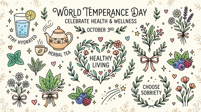 World Temperance Day illustration celebrating health, wellness, and sober living with herbal tea and fresh fruits.