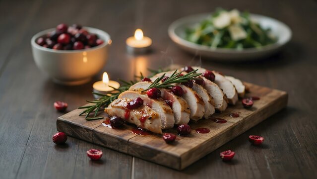 Sliced roasted chicken breast with cranberry sauce, fresh rosemary, and scattered cranberries on a rustic wooden board, with a side salad and candles