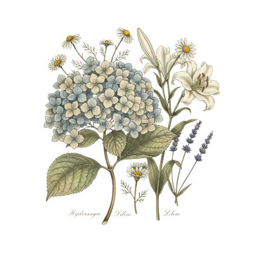 Antique floral collection featuring dusty blue hydrangeas, white lilies, and wildflowers on off-white parchment, vintage botanical illustration concept