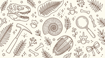 Collection of hand-drawn prehistoric fossils and paleontological tools, including dinosaur skull, trilobite, ammonite, fern leaves, bones, and magnifying glass. © Bara