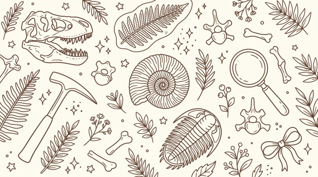 Collection of hand-drawn prehistoric fossils and paleontological tools, including dinosaur skull, trilobite, ammonite, fern leaves, bones, and magnifying glass.