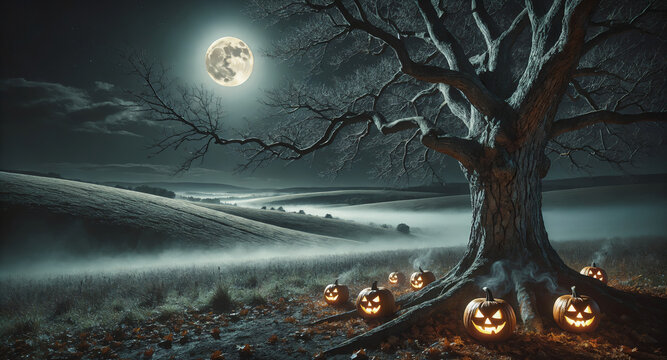 Spooky halloween scene with pumpkins under a full moon