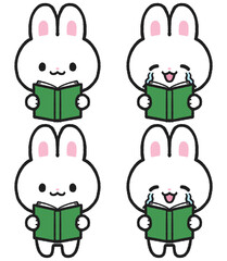 本を読んでいる、感動しているウサギのイラストセット