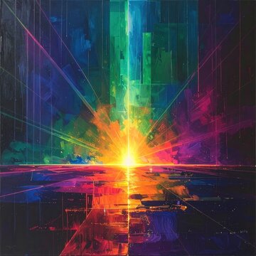 Abstract colorful light explosion with vibrant prismatic rays.