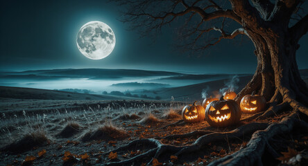 Fototapeta premium Glowing pumpkins under a full moon on halloween night