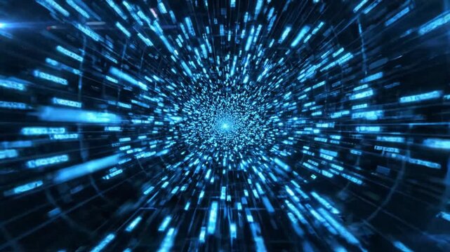 Abstract digital light streaks zooming through futuristic tunnel background