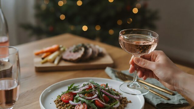 A festive holiday dinner table setting with a glass of sparkling rose wine, a fresh lentil salad, and roasted meat with vegetables in the background