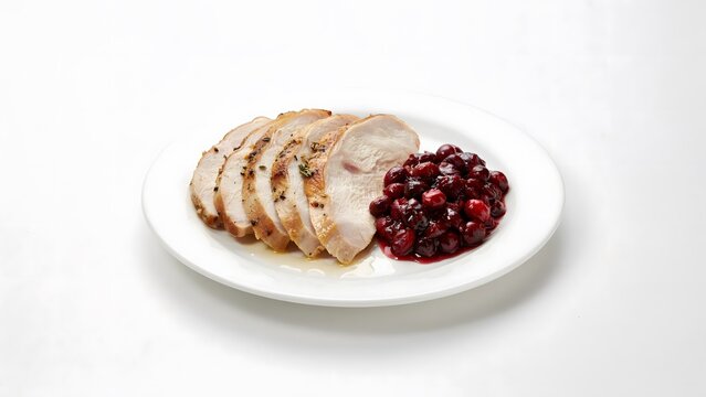 Roasted turkey breast slices served with cranberry sauce on a white plate isolated on white background