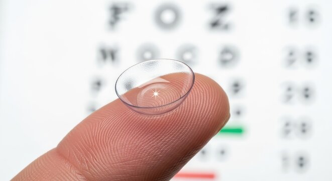 Close-up of a Transparent Contact Lens on a Finger with a Blurred Eye Chart in the Background for Vision Correction