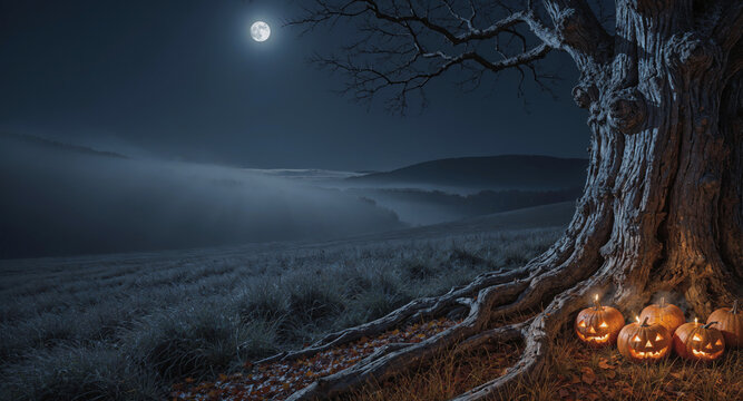 Spooky pumpkins under a full moon in a dark forest