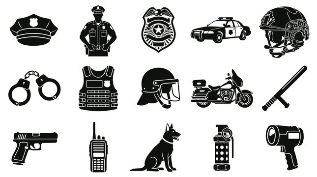Police Icons: Law Enforcement Symbols, Uniform, Vehicle, Dog, Weapons, Black and White Vector
