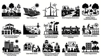 Fototapeta premium Environmental and Sustainability Black Solid Glyph Icons Set for Ecology and Conservation Initiatives