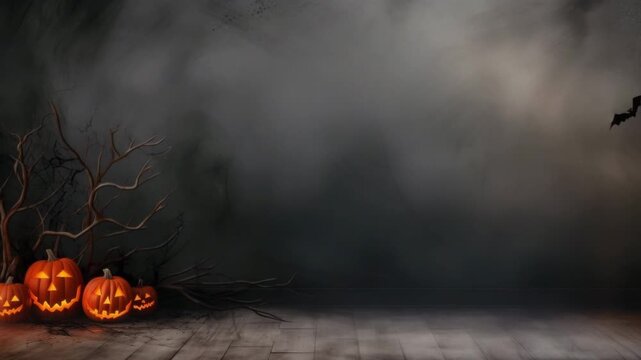 A spooky forest with a haunted evil glowing eyes of Jack O' Lanterns on the sides of a wooden deck on a scary halloween night. Halloween night scene video background with forest and bats at night.
