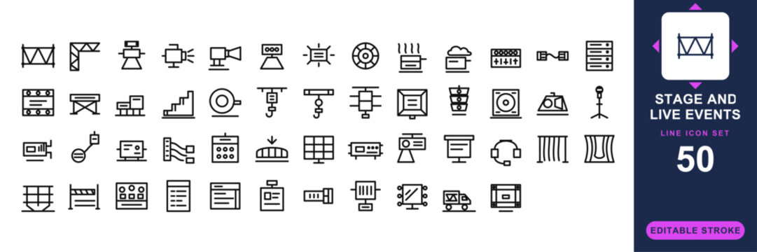 Stage and Live Events line icon set. di box, dmx cable, subwoofer, projector, cue sheet minimal vector illustrations. Simple outline signs for event production. 48x48 Pixel Perfect. Editable Stroke.