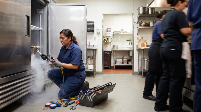 Focused Latina technician carrying out essential repairs on a commercial deep freezer, crucial for food safety in a professional kitchen