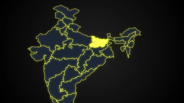 Animated glowing map of Bihar, India, with a highlighted outline on a dark background, ideal for geography, travel, news, and infographic projects.