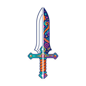 Stylized fantasy sword vector with colorful ornamental pattern and split design