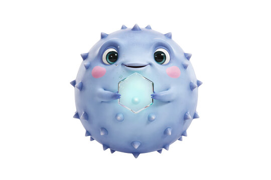 A small, round, light blue pufferfish character with spikes and large eyes, holding a glowing hexagonal crystal, isolated on a black background, 3d