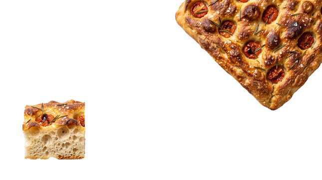 Italian tomato focaccia bread, golden brown sourdough flatbread with cherry tomatoes and rosemary, artisanal bakery product on white background