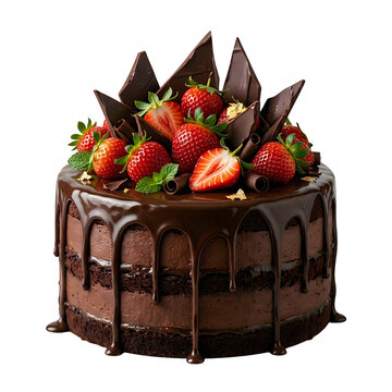 Decadent chocolate cake with fresh strawberries and chocolate decorations