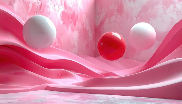Abstract scene with levitating spheres and fluid, layered pink forms, evoking a surreal space