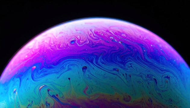 Close-up of a colorful, iridescent sphere against a stark black background, showcasing swirling patterns