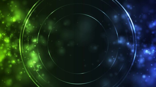 Blue and green glowing bokeh lights abstract background with laser circles. Neon geometric motion design. Seamless loop. Video animation Ultra HD 4K 3840x2160