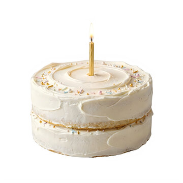 A small layered cake with a single lit candle on black background