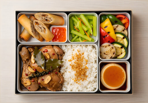 Bento box with rice chicken vegetables and spring rolls