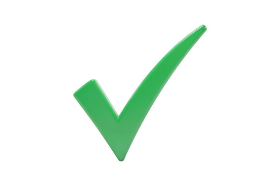 A smooth green check mark symbol, rendered as a3d with a glossy finish, isolated on a white background, for approval and success