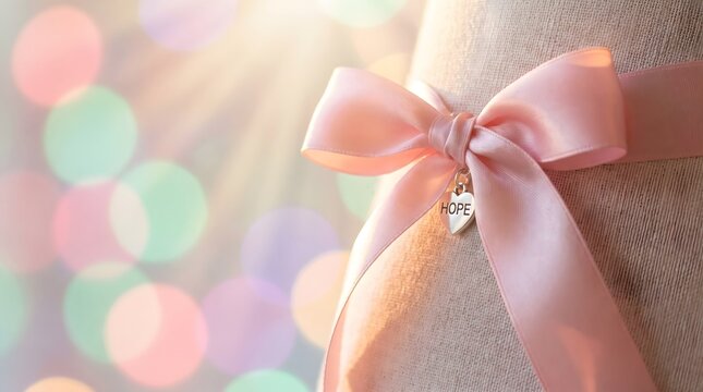 A beautiful soft pink satin ribbon bow with a small silver heart charm against a dreamy blurred bokeh background